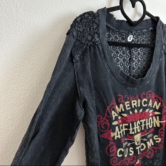 NWOT Affliction Black Mineral Washed Jeweled Graphic Crochet Cotton Top Size S - Picture 5 of 9